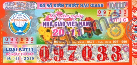 Mẫu vé sô xổ số Hậu Giang ngày 16/11/2019
