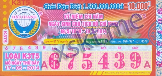 Mẫu vé sô xổ số Hậu Giang ngày 17/5/2014