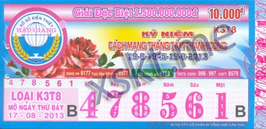 Mẫu vé sô xổ số Hậu Giang ngày 17/8/2013