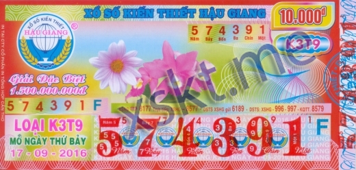 Mẫu vé sô xổ số Hậu Giang ngày 17/9/2016