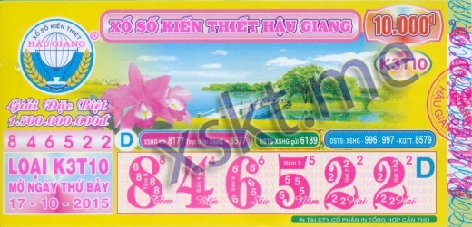 Mẫu vé sô xổ số Hậu Giang ngày 17/10/2015