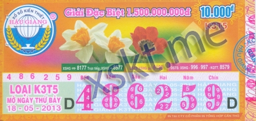 Mẫu vé sô xổ số Hậu Giang ngày 18/5/2013