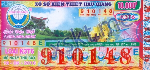 Mẫu vé sô xổ số Hậu Giang ngày 18/6/2016