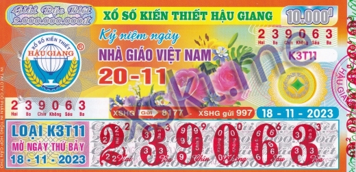 Mẫu vé sô xổ số Hậu Giang ngày 18/11/2023