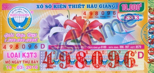Mẫu vé sô xổ số Hậu Giang ngày 19/3/2016