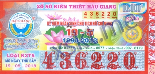 Mẫu vé sô xổ số Hậu Giang ngày 19/5/2018