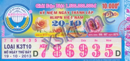 Mẫu vé sô xổ số Hậu Giang ngày 19/10/2013