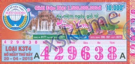 Mẫu vé sô xổ số Hậu Giang ngày 20/4/2013