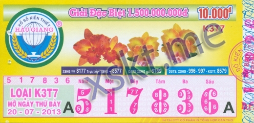 Mẫu vé sô xổ số Hậu Giang ngày 20/7/2013