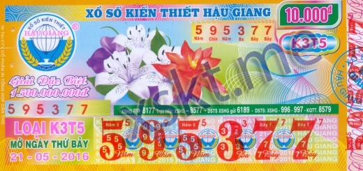 Mẫu vé sô xổ số Hậu Giang ngày 21/5/2016