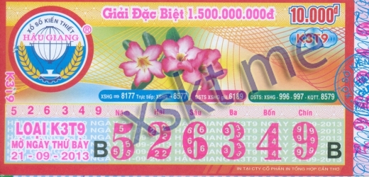 Mẫu vé sô xổ số Hậu Giang ngày 21/9/2013