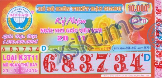 Mẫu vé sô xổ số Hậu Giang ngày 21/11/2015