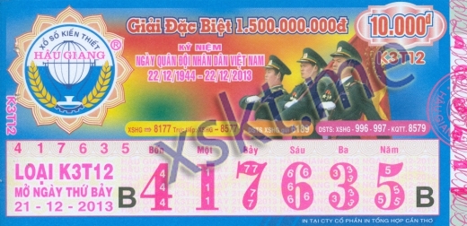 Mẫu vé sô xổ số Hậu Giang ngày 21/12/2013