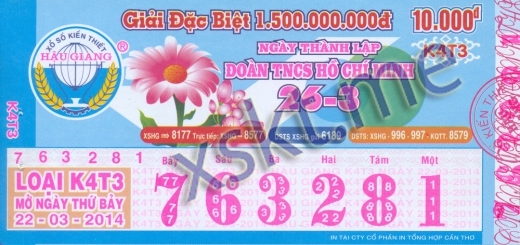 Mẫu vé sô xổ số Hậu Giang ngày 22/3/2014