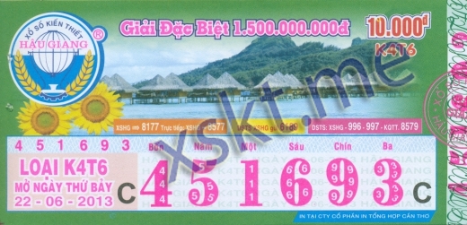 Mẫu vé sô xổ số Hậu Giang ngày 22/6/2013