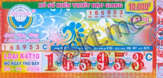 Mẫu vé sô xổ số Hậu Giang ngày 22/10/2016