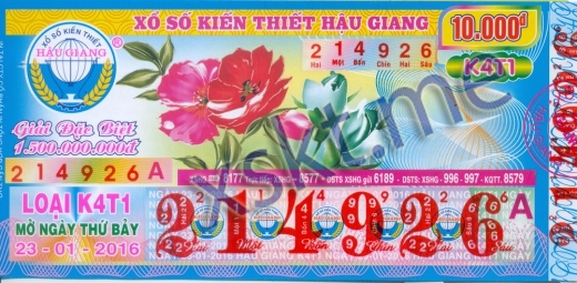 Mẫu vé sô xổ số Hậu Giang ngày 23/1/2016