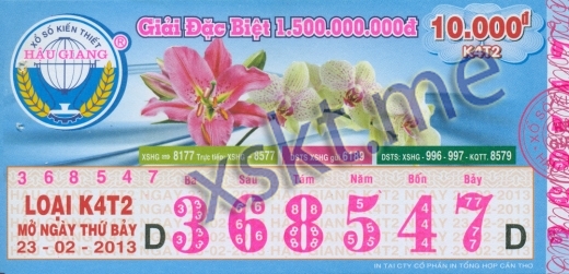 Mẫu vé sô xổ số Hậu Giang ngày 23/2/2013
