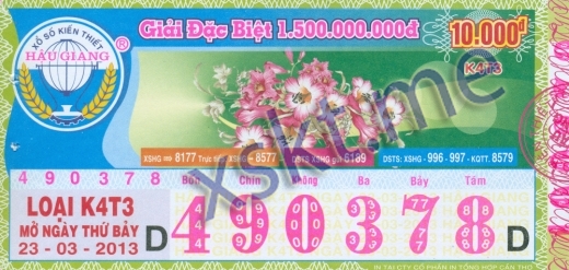Mẫu vé sô xổ số Hậu Giang ngày 23/3/2013