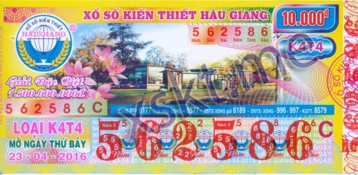 Mẫu vé sô xổ số Hậu Giang ngày 23/4/2016