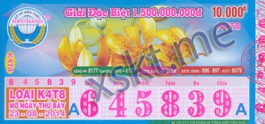 Mẫu vé sô xổ số Hậu Giang ngày 23/8/2014