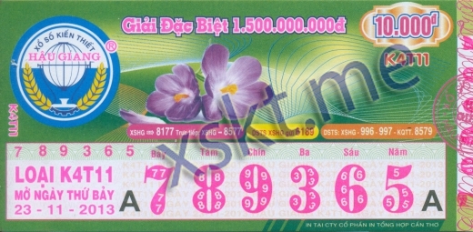 Mẫu vé sô xổ số Hậu Giang ngày 23/11/2013
