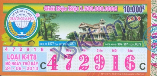 Mẫu vé sô xổ số Hậu Giang ngày 24/8/2013