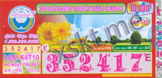 Mẫu vé sô xổ số Hậu Giang ngày 24/10/2015