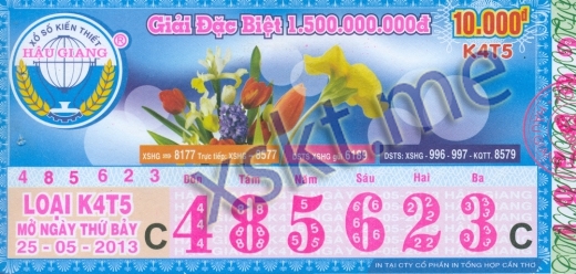 Mẫu vé sô xổ số Hậu Giang ngày 25/5/2013