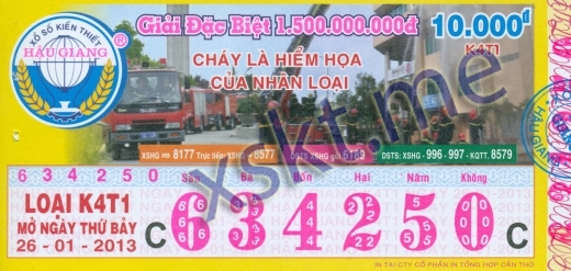 Mẫu vé sô xổ số Hậu Giang ngày 26/1/2013