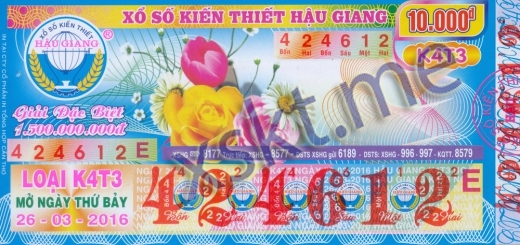 Mẫu vé sô xổ số Hậu Giang ngày 26/3/2016