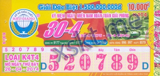 Mẫu vé sô xổ số Hậu Giang ngày 26/4/2014