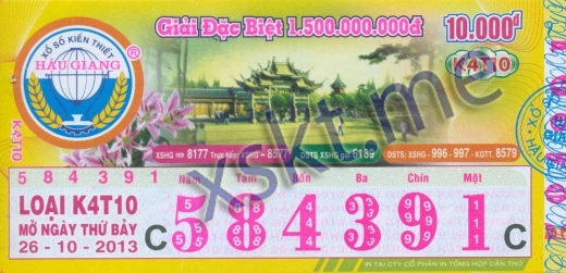 Mẫu vé sô xổ số Hậu Giang ngày 26/10/2013