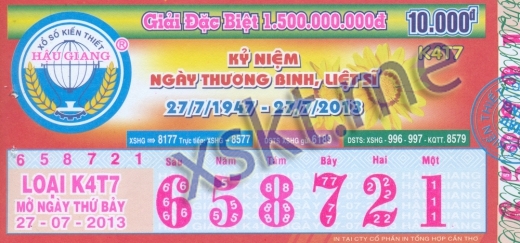 Mẫu vé sô xổ số Hậu Giang ngày 27/7/2013