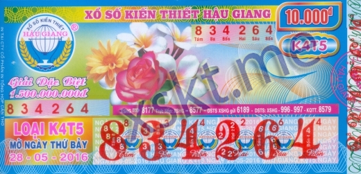 Mẫu vé sô xổ số Hậu Giang ngày 28/5/2016