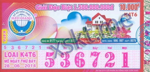 Mẫu vé sô xổ số Hậu Giang ngày 28/6/2014