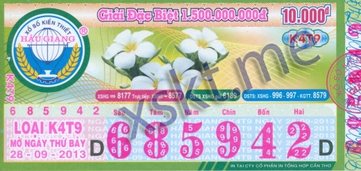 Mẫu vé sô xổ số Hậu Giang ngày 28/9/2013
