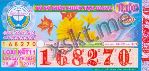 Mẫu vé sô xổ số Hậu Giang ngày 28/11/2015