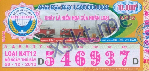 Mẫu vé sô xổ số Hậu Giang ngày 28/12/2013