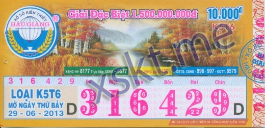 Mẫu vé sô xổ số Hậu Giang ngày 29/6/2013