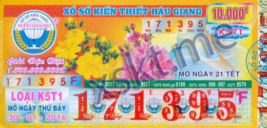 Mẫu vé sô xổ số Hậu Giang ngày 30/1/2016
