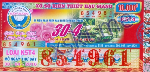 Mẫu vé sô xổ số Hậu Giang ngày 30/4/2016