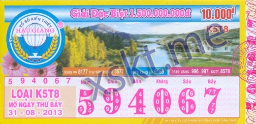 Mẫu vé sô xổ số Hậu Giang ngày 31/8/2013