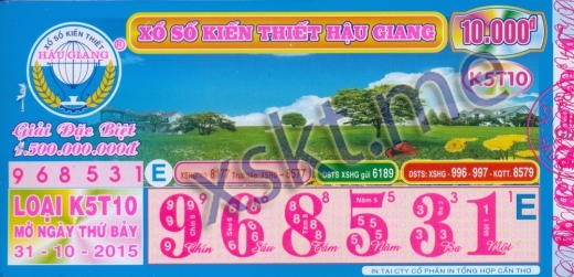 Mẫu vé sô xổ số Hậu Giang ngày 31/10/2015