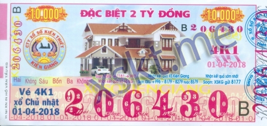 Mẫu vé sô xổ số Kiên Giang ngày 1/4/2018