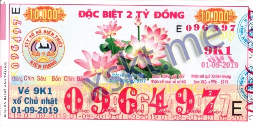 Mẫu vé sô xổ số Kiên Giang ngày 1/9/2019