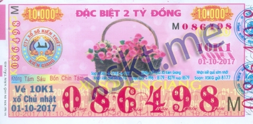 Mẫu vé sô xổ số Kiên Giang ngày 1/10/2017