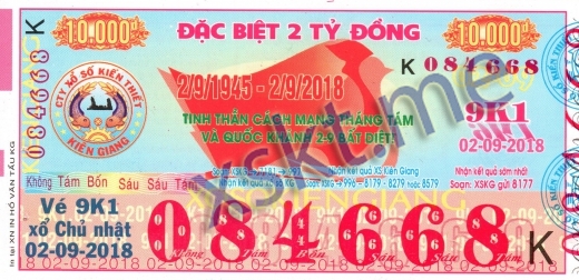 Mẫu vé sô xổ số Kiên Giang ngày 2/9/2018
