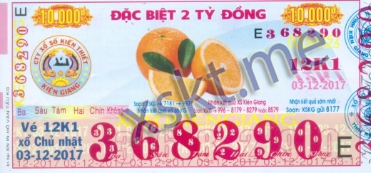 Mẫu vé sô xổ số Kiên Giang ngày 3/12/2017