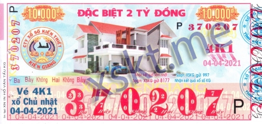 Mẫu vé sô xổ số Kiên Giang ngày 4/4/2021